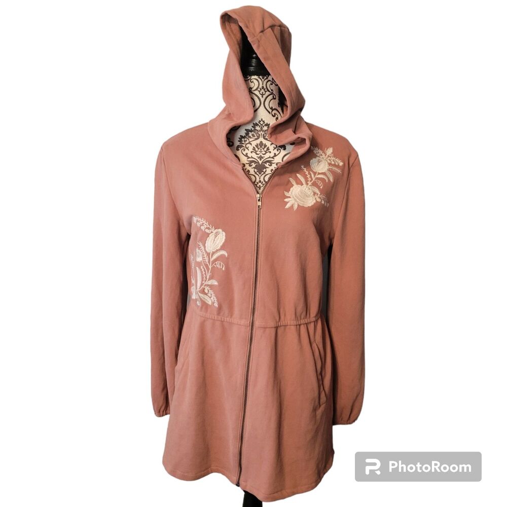 Solitaire Rust Floral Embroidered Zip Hoodie M